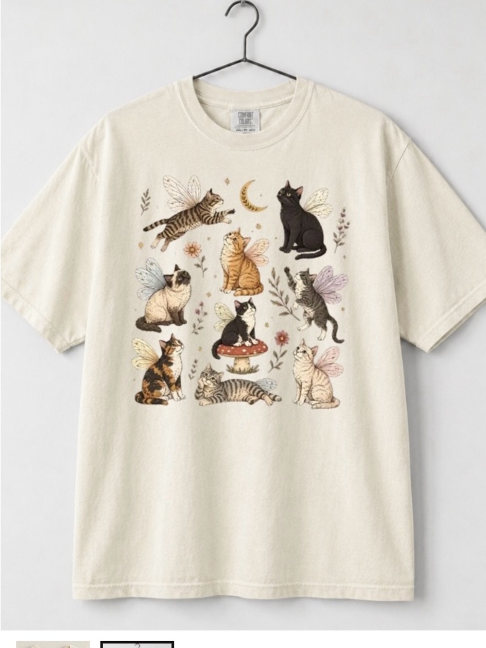 Cat Fairy Graphic T-Shirt in Cream - Vintage Cute Cats Fairy illustration